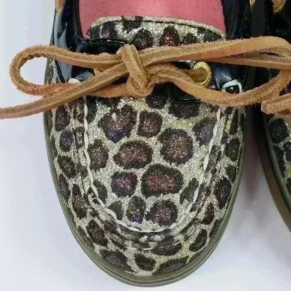 Sperry Top Sider Boat Shoes Sparkly Leopard Brown Black Raw Hide Lace Size 7.5M - Picture 4 of 16